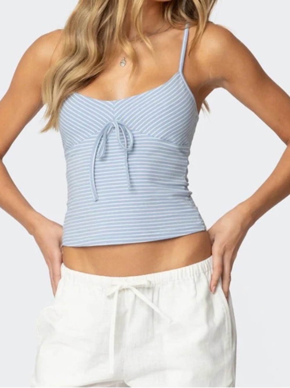 Edikted Light Blue & White Striped Tie-Front Cami